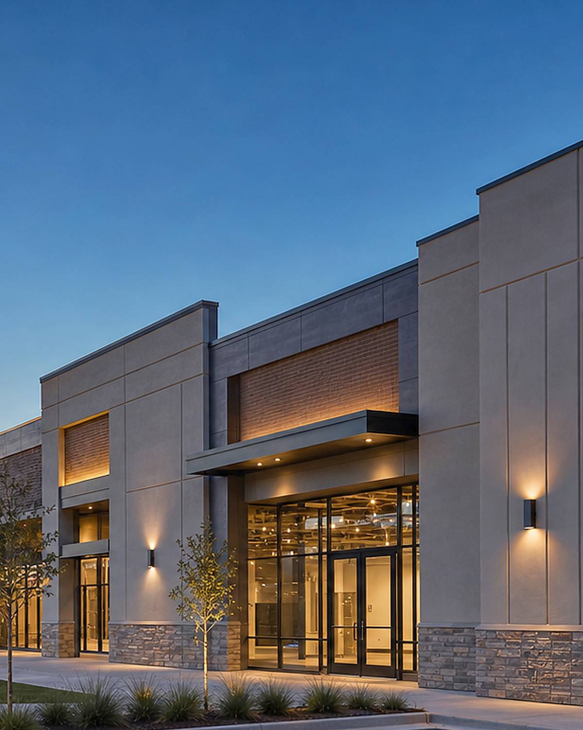 A finished commercial retail building at dusk, its storefronts and entrance canopy lit along a landscaped frontage